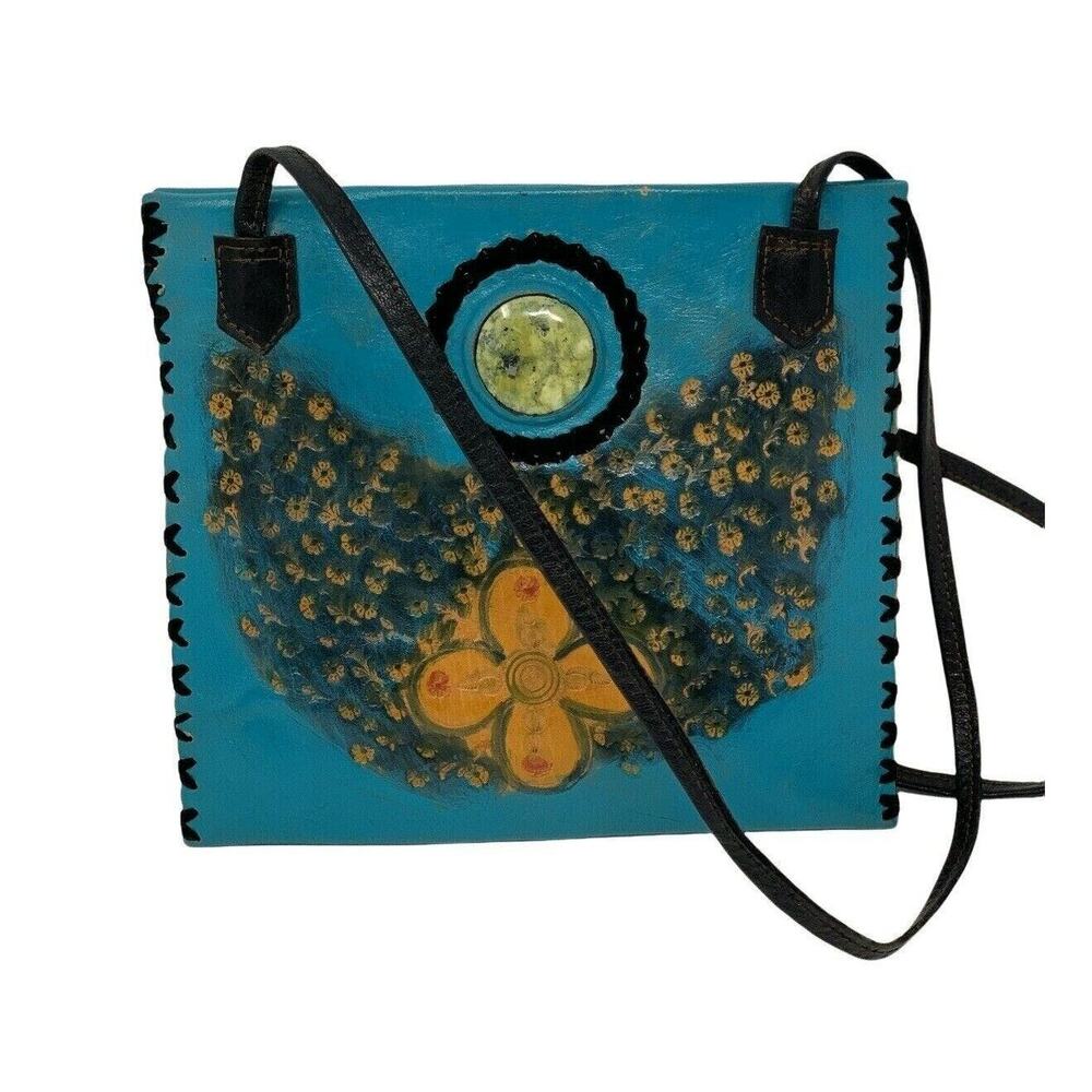 Hand Made Aqua Floral Leather Messenger Handbag